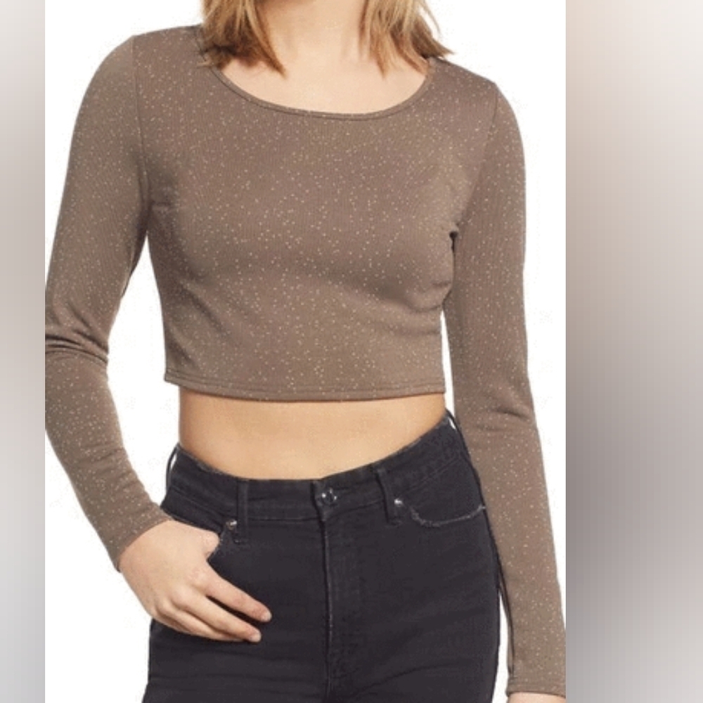 New Bp Knit Scoop Neck Slim Fit Long Sleeve Tank Crop Top Size Large Women Tan